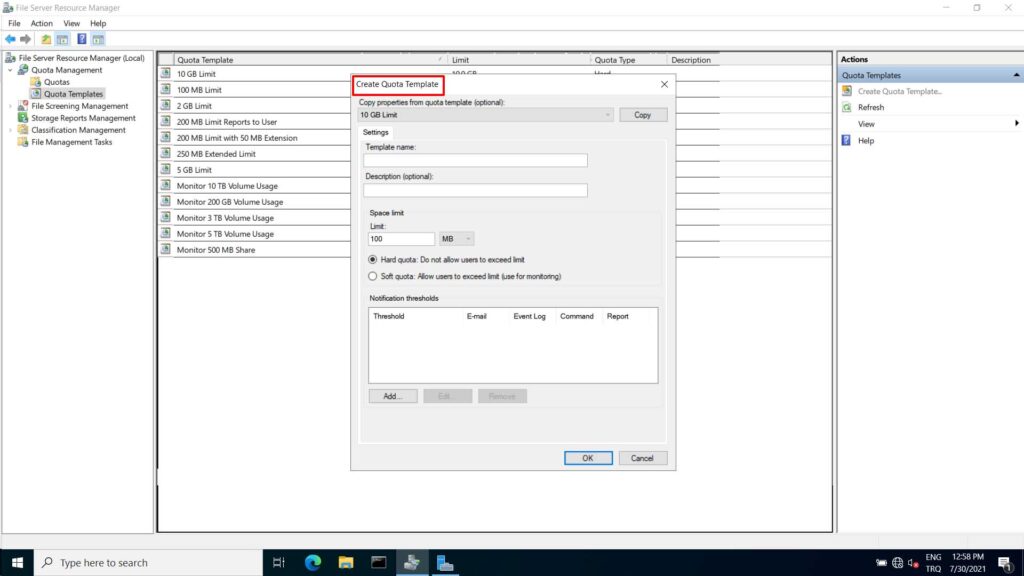 Windows Server 2022 File Server kota olusturma - 11