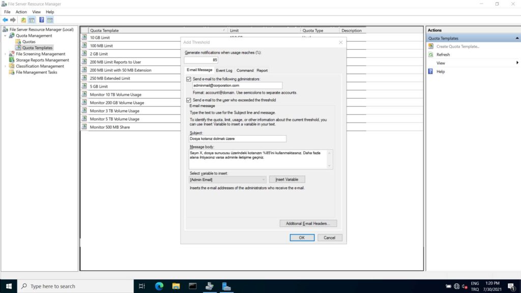 Windows Server 2022 File Server kota olusturma - 13