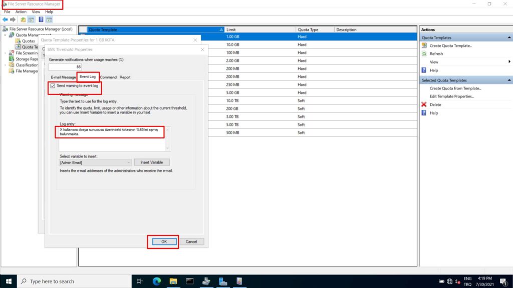 Windows Server 2022 File Server kota olusturma - 14