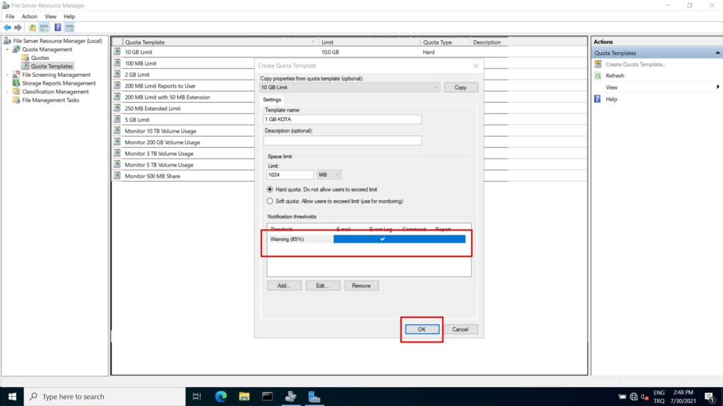 Windows Server 2022 File Server kota olusturma - 17